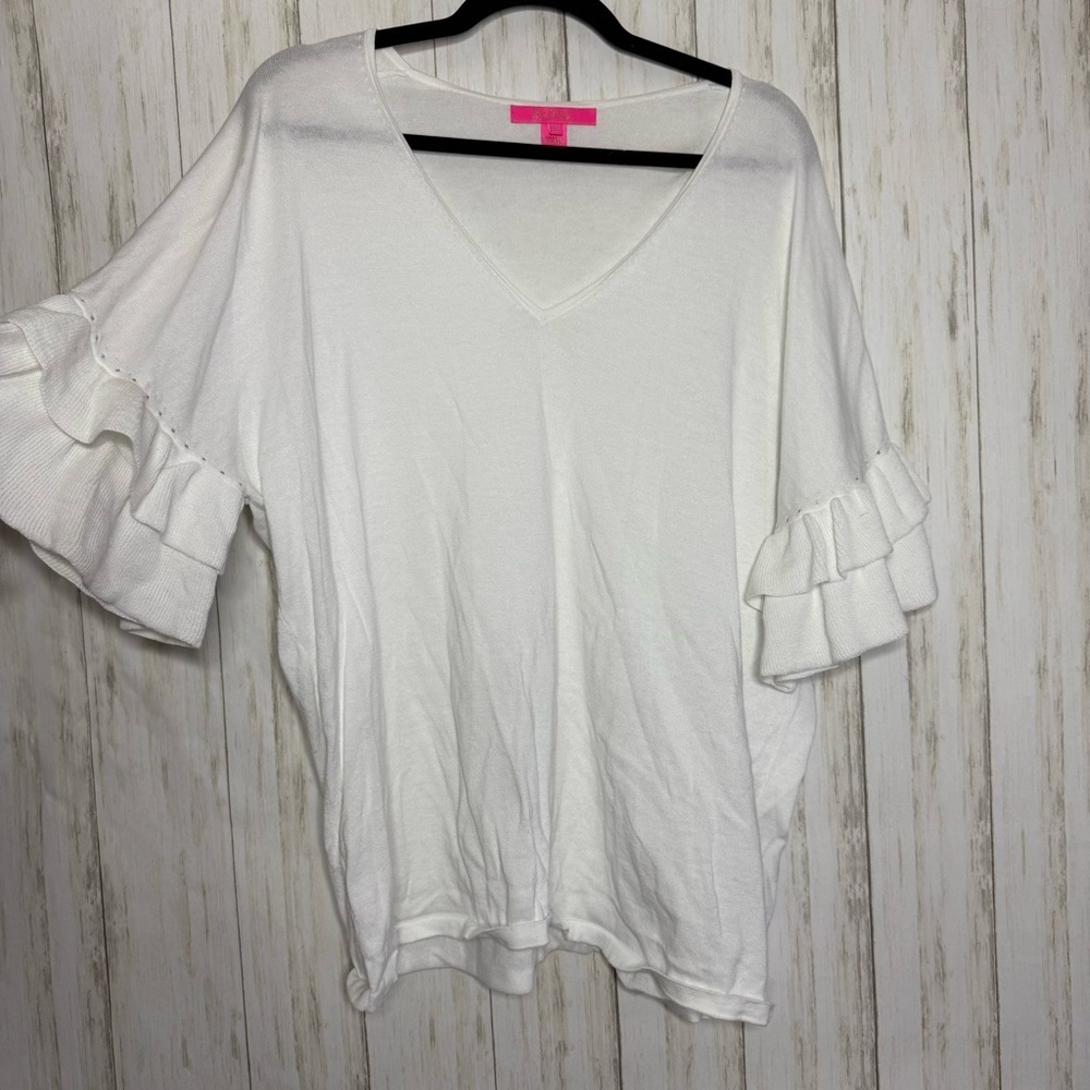 Lilly Pulitzer Kresta White Ruffle Sweater V-Neck XL